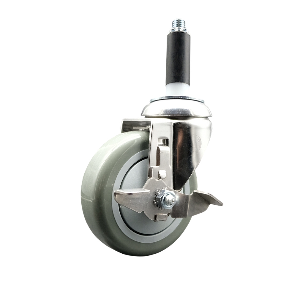 Polyurethane Swivel Stem Caster with 4 Inch Gray Caster Wheel and Top Lock Brake - 7/8" Expanding Stem - 316 Stainless Steel Caster - 350 lbs. Capacity Per Caster - Service Caster Brand — photo 1