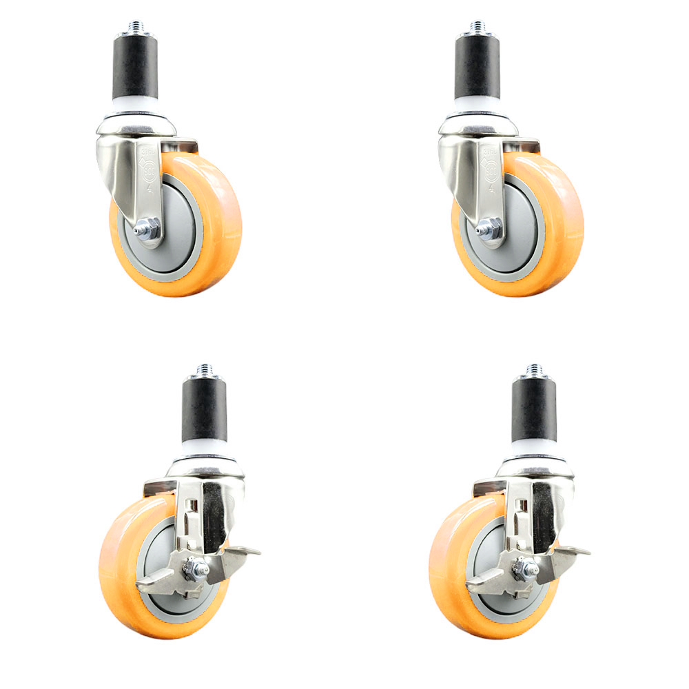 Polyurethane Swivel Stem Caster Set of 4 with 4 Inch Yellow Caster Wheels - 1-1/2" Expanding Stems -316 Stainless Steel Casters-Includes 2 Swivel with Top Lock Brakes and 2 Swivel-Service Caster Brand — photo 1