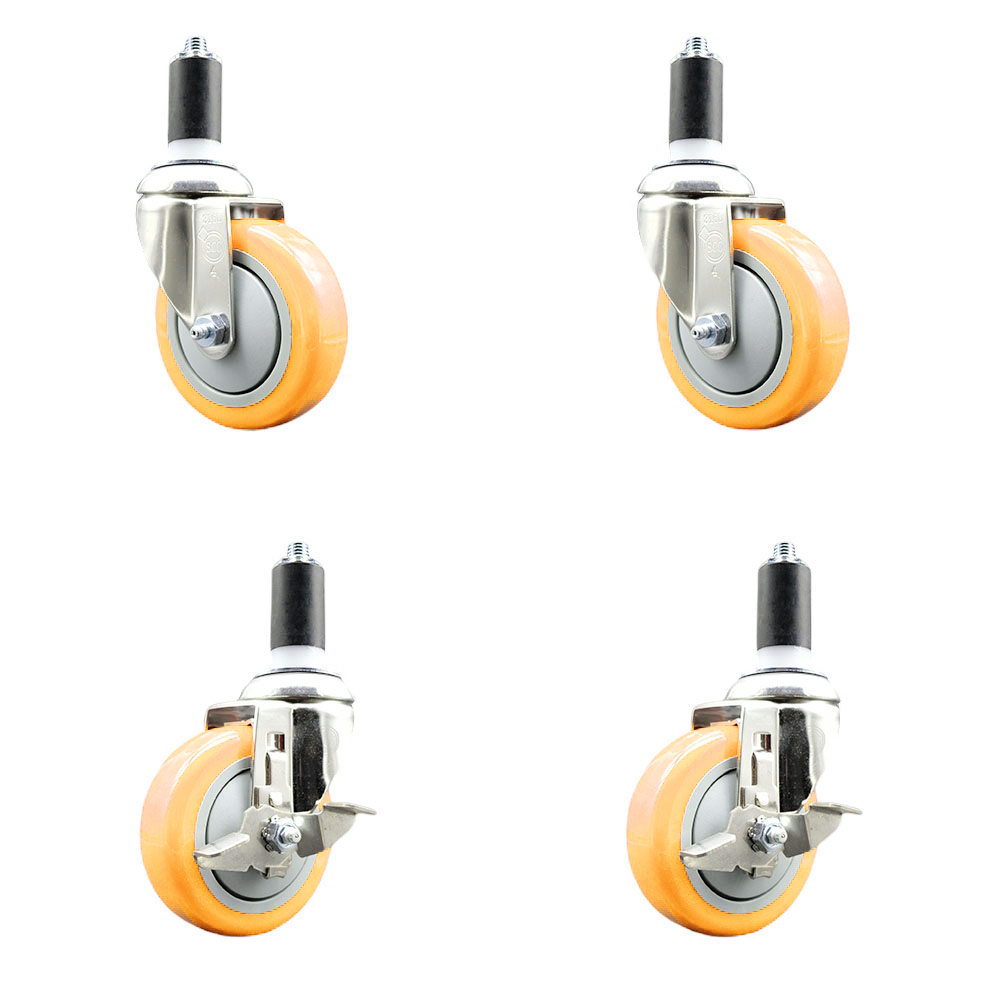 Polyurethane Swivel Stem Caster Set of 4 with 4 Inch Yellow Caster Wheels - 1-1/4" Expanding Stems -316 Stainless Steel Casters-Includes 2 Swivel with Top Lock Brakes and 2 Swivel-Service Caster Brand — photo 1