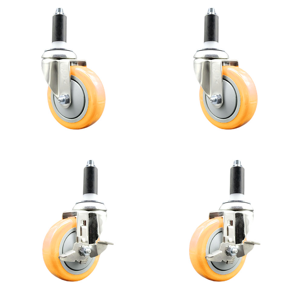 Polyurethane Swivel Stem Caster Set of 4 with 4 Inch Yellow Caster Wheels - 1-1/8" Expanding Stems -316 Stainless Steel Casters-Includes 2 Swivel with Top Lock Brakes and 2 Swivel-Service Caster Brand — photo 1