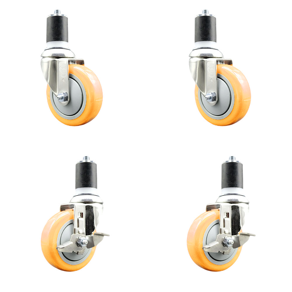 Polyurethane Swivel Stem Caster Set of 4 with 4 Inch Yellow Caster Wheels - 1-3/4" Expanding Stems -316 Stainless Steel Casters-Includes 2 Swivel with Top Lock Brakes and 2 Swivel-Service Caster Brand — photo 1