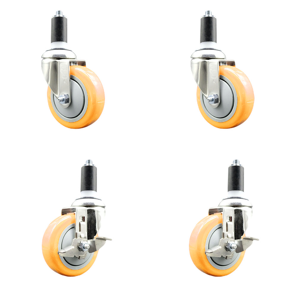 Polyurethane Swivel Stem Caster Set of 4 with 4 Inch Yellow Caster Wheels - 1-3/8" Expanding Stems -316 Stainless Steel Casters-Includes 2 Swivel with Top Lock Brakes and 2 Swivel-Service Caster Brand — photo 1