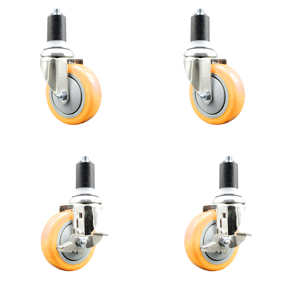 Polyurethane Swivel Stem Caster Set of 4 with 4 Inch Yellow Caster Wheels - 1-5/8" Expanding Stems -316 Stainless Steel Casters-Includes 2 Swivel with Top Lock Brakes and 2 Swivel-Service Caster Brand — photo 1
