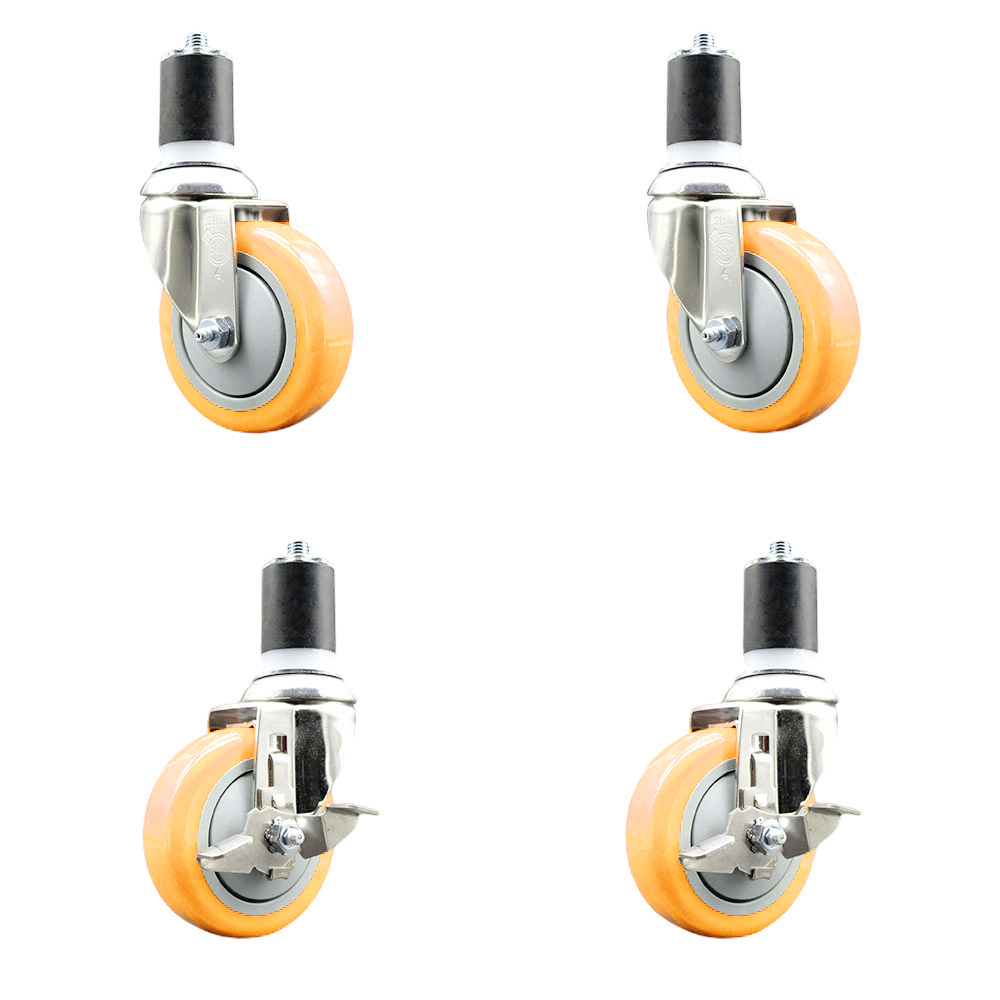 Polyurethane Swivel Stem Caster Set of 4 with 4 Inch Yellow Caster Wheels - 1-7/8" Expanding Stems -316 Stainless Steel Casters-Includes 2 Swivel with Top Lock Brakes and 2 Swivel-Service Caster Brand — photo 1