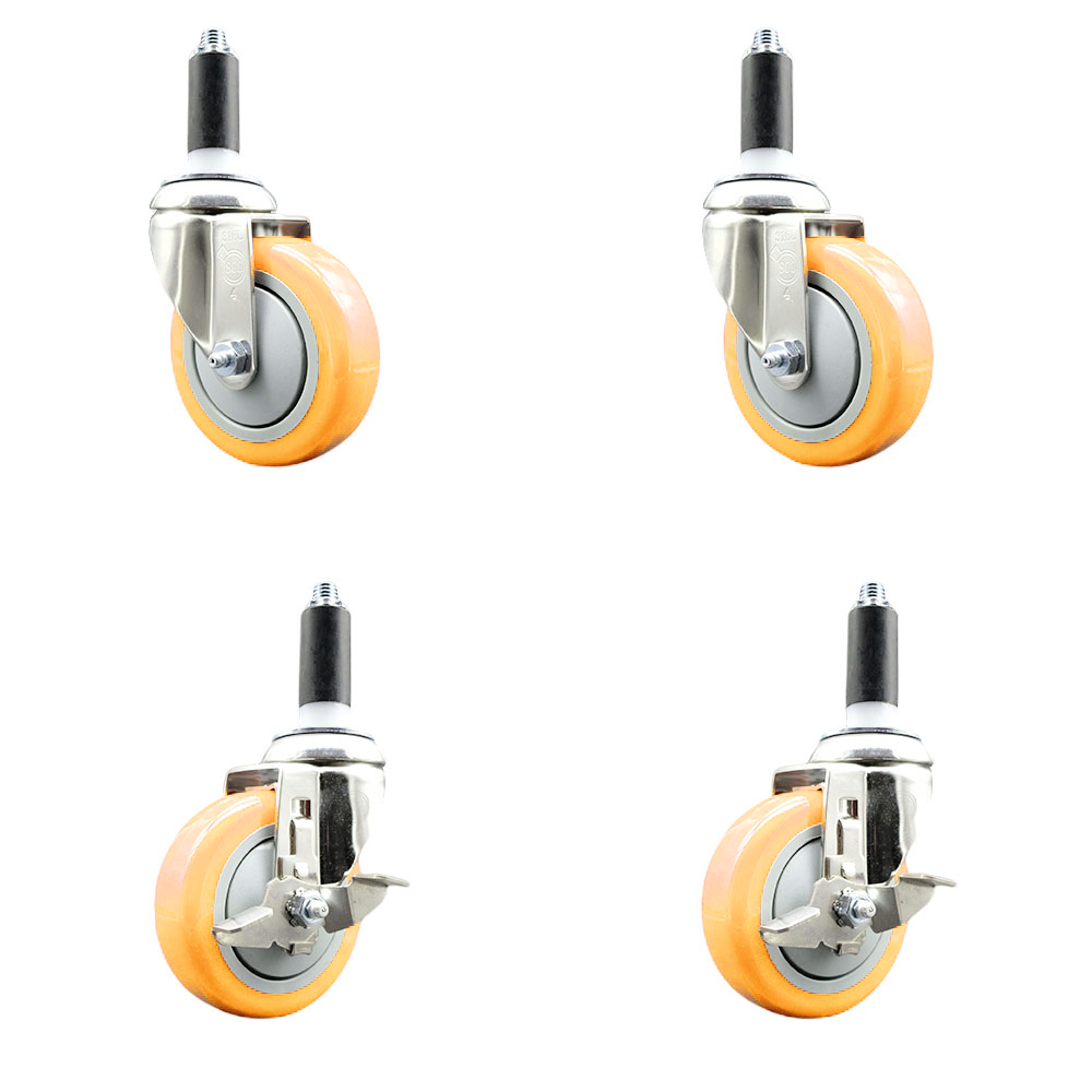 Polyurethane Swivel Stem Caster Set of 4 with 4 Inch Yellow Caster Wheels - 1" Expanding Stems -316 Stainless Steel Casters - Includes 2 Swivel with Top Lock Brakes and 2 Swivel - Service Caster Brand — photo 1