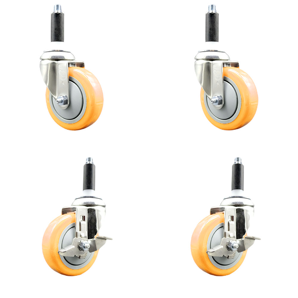 Polyurethane Swivel Stem Caster Set of 4 with 4 Inch Yellow Caster Wheels - 3/4" Expanding Stems -316 Stainless Steel Casters - Includes 2 Swivel with Top Lock Brakes and 2 Swivel-Service Caster Brand — photo 1