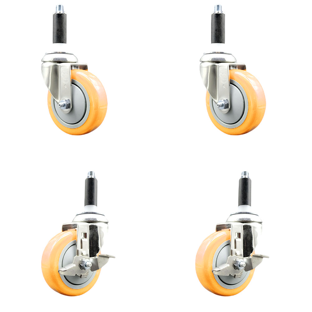 Polyurethane Swivel Stem Caster Set of 4 with 4 Inch Yellow Caster Wheels - 7/8" Expanding Stems -316 Stainless Steel Casters - Includes 2 Swivel with Top Lock Brakes and 2 Swivel-Service Caster Brand — photo 1