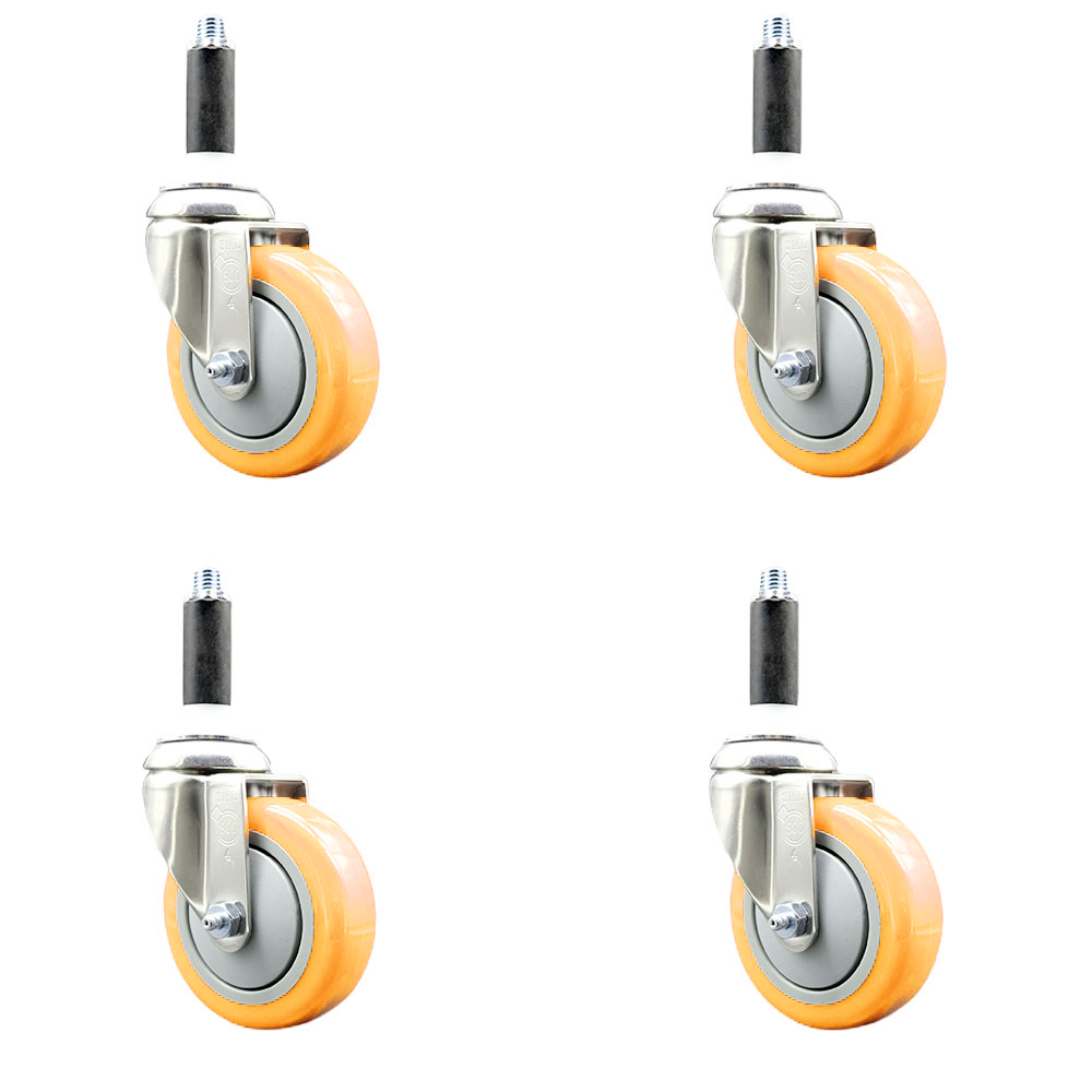Polyurethane Swivel Stem Caster Set of 4 with 4 Inch Yellow Caster Wheels - 3/4" Expanding Stems - 316 Stainless Steel Casters - Includes 4 Swivel Casters - Service Caster Brand — photo 1