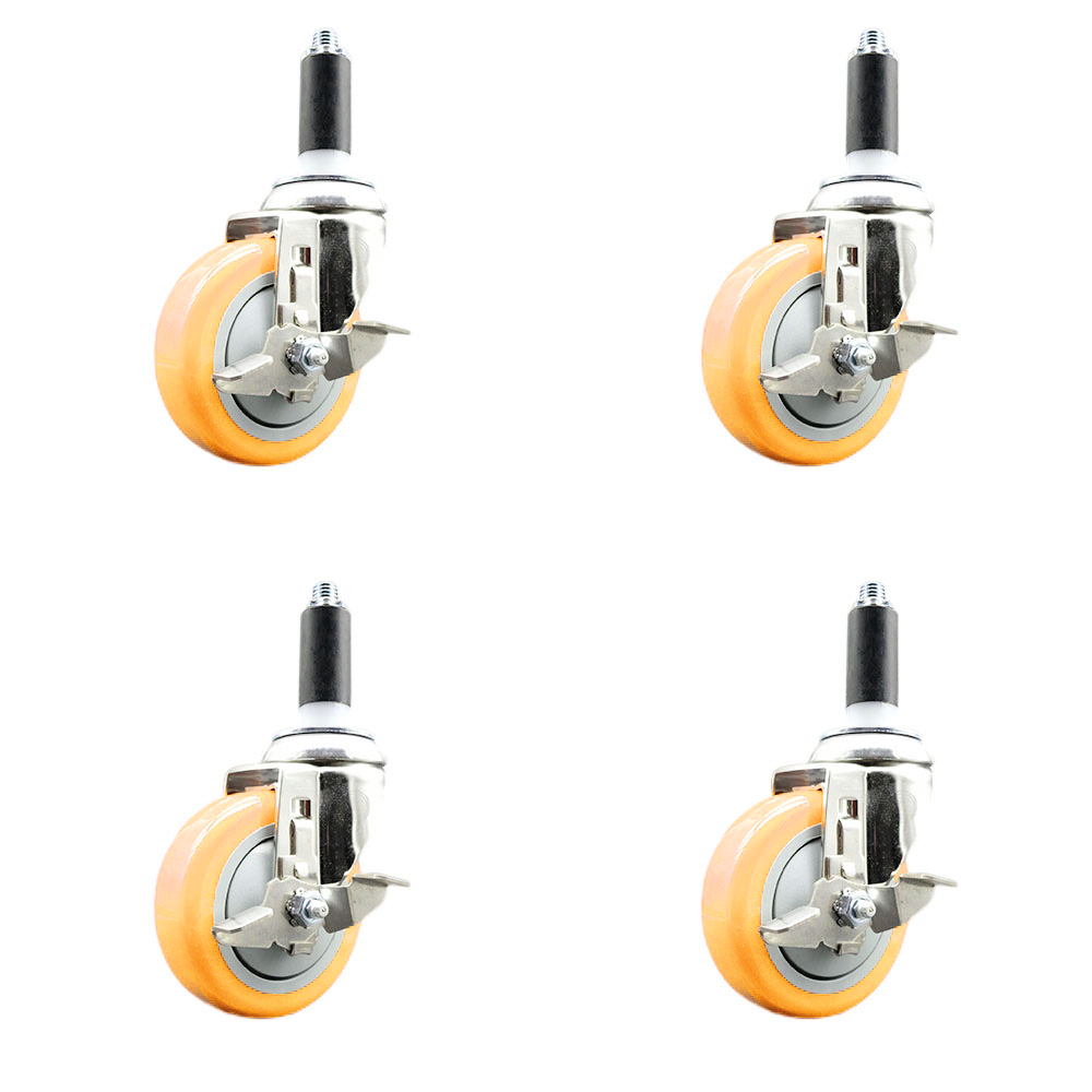 Polyurethane Swivel Stem Caster Set of 4 with 4 Inch Yellow Caster Wheels - 1" Expanding Stems - 316 Stainless Steel Casters - Includes 4 Swivel Casters with Top Lock Brakes - Service Caster Brand — photo 1