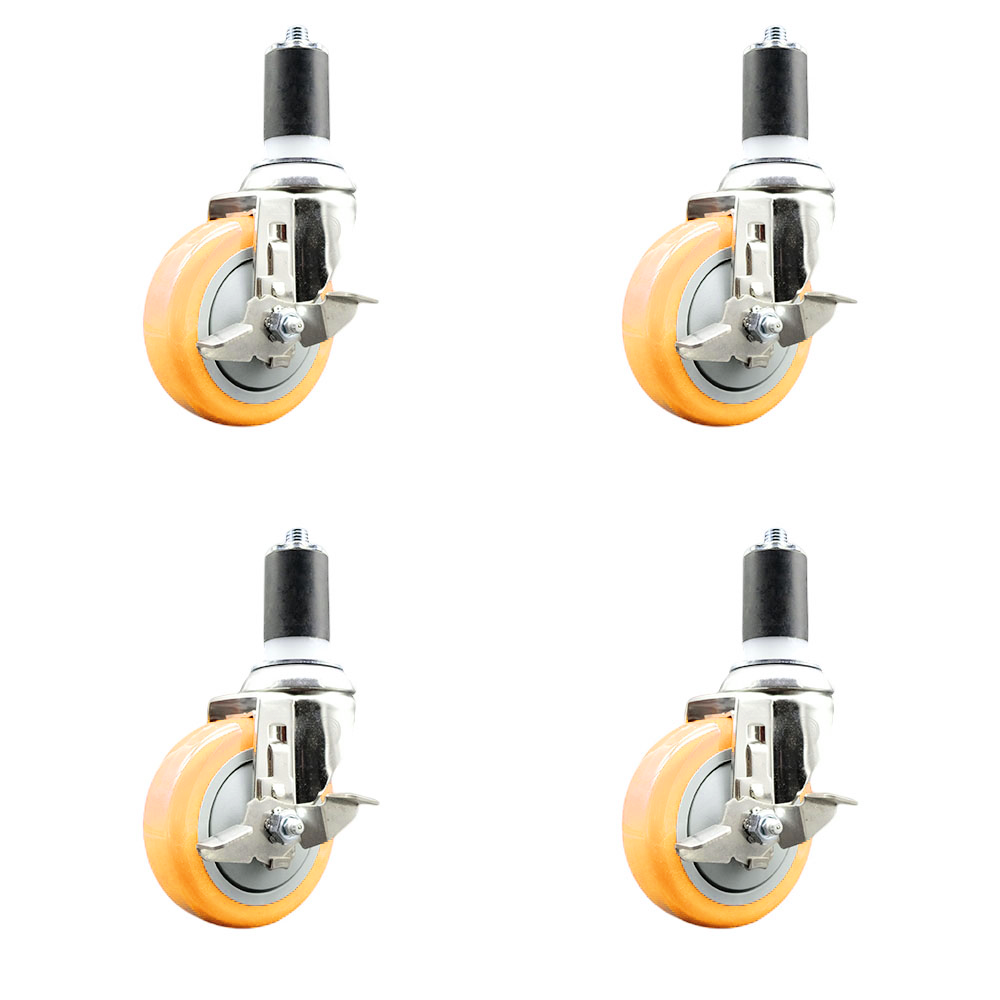 Polyurethane Swivel Stem Caster Set of 4 with 4 Inch Yellow Caster Wheels - 1-1/2" Expanding Stems - 316 Stainless Steel Casters - Includes 4 Swivel Casters with Top Lock Brakes - Service Caster Brand — photo 1