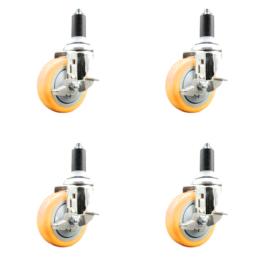 Polyurethane Swivel Stem Caster Set of 4 with 4 Inch Yellow Caster Wheels - 1-1/4" Expanding Stems - 316 Stainless Steel Casters - Includes 4 Swivel Casters with Top Lock Brakes - Service Caster Brand — photo 1
