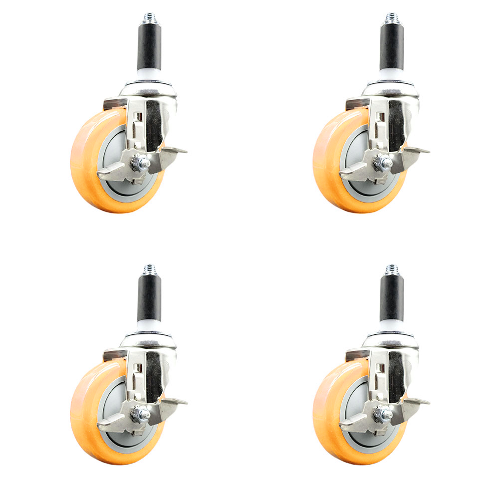 Polyurethane Swivel Stem Caster Set of 4 with 4 Inch Yellow Caster Wheels - 1-1/8" Expanding Stems - 316 Stainless Steel Casters - Includes 4 Swivel Casters with Top Lock Brakes - Service Caster Brand — photo 1