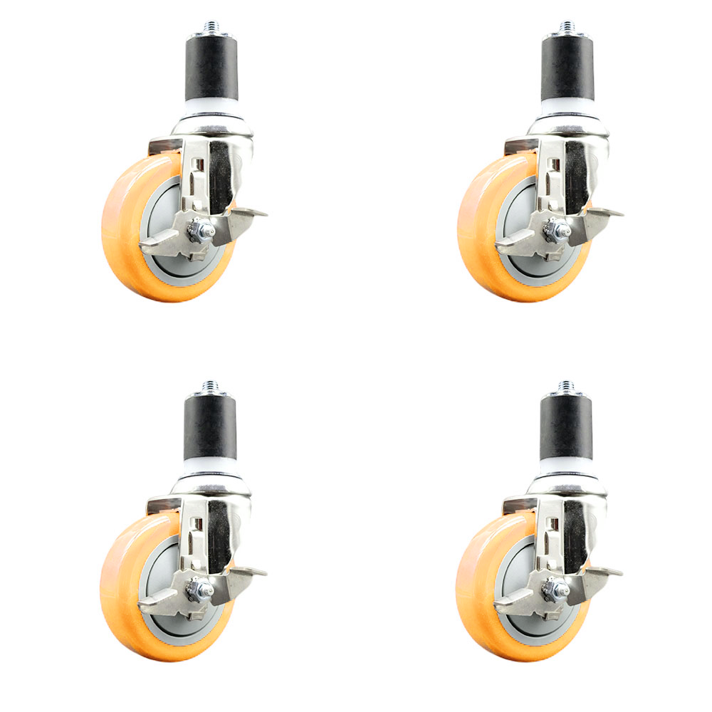 Polyurethane Swivel Stem Caster Set of 4 with 4 Inch Yellow Caster Wheels - 1-3/4" Expanding Stems - 316 Stainless Steel Casters - Includes 4 Swivel Casters with Top Lock Brakes - Service Caster Brand — photo 1