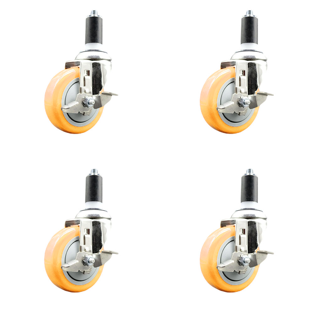 Polyurethane Swivel Stem Caster Set of 4 with 4 Inch Yellow Caster Wheels - 1-3/8" Expanding Stems - 316 Stainless Steel Casters - Includes 4 Swivel Casters with Top Lock Brakes - Service Caster Brand — photo 1