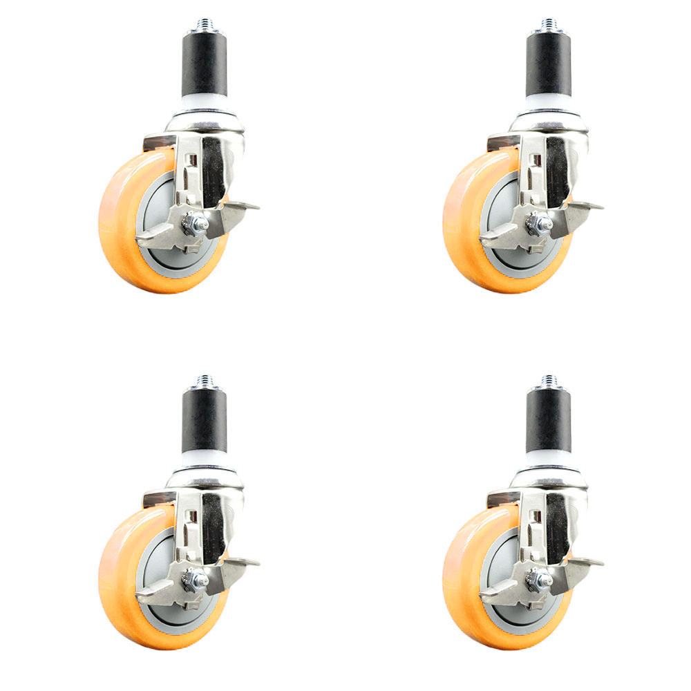 Polyurethane Swivel Stem Caster Set of 4 with 4 Inch Yellow Caster Wheels - 1-5/8" Expanding Stems - 316 Stainless Steel Casters - Includes 4 Swivel Casters with Top Lock Brakes - Service Caster Brand — photo 1
