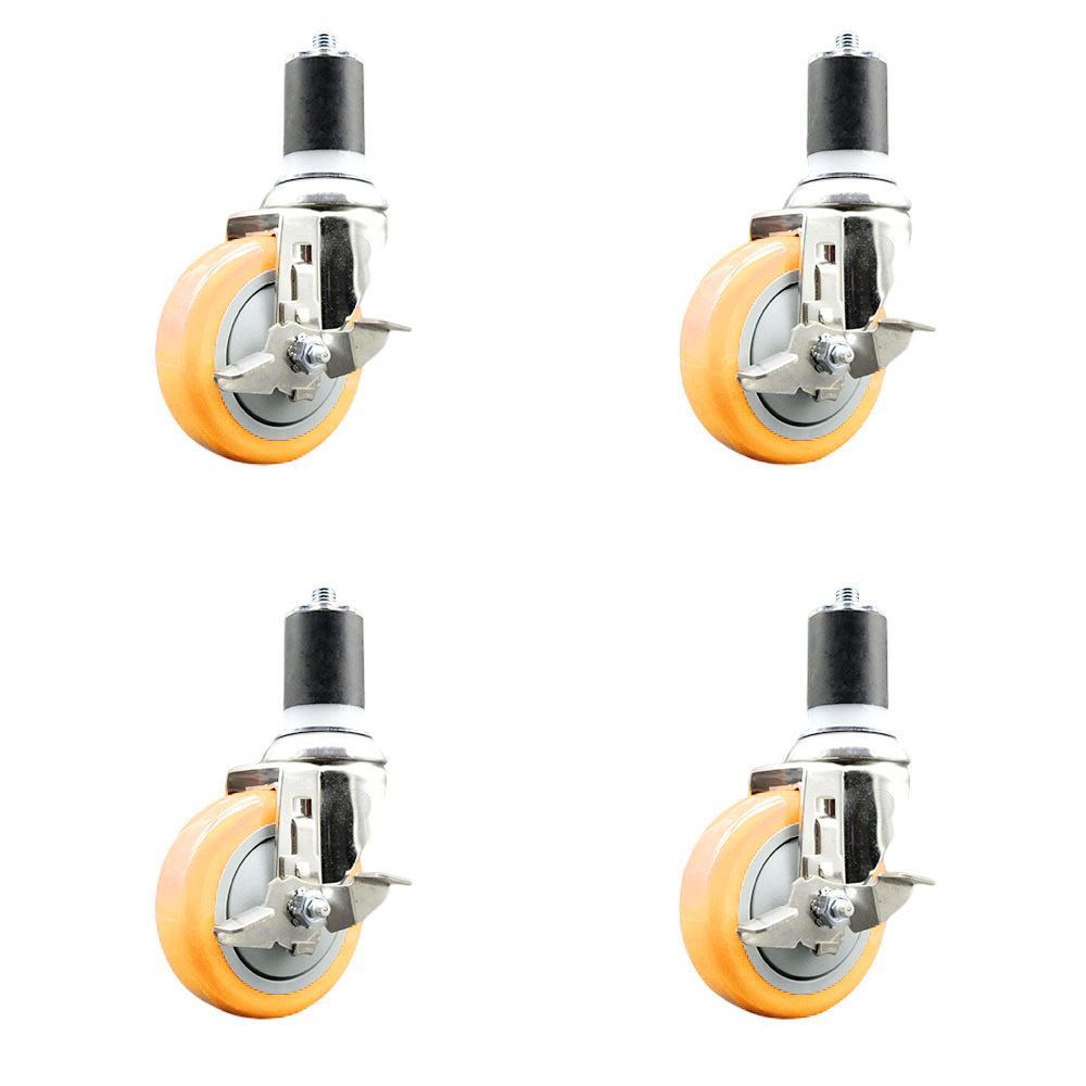 Polyurethane Swivel Stem Caster Set of 4 with 4 Inch Yellow Caster Wheels - 1-7/8" Expanding Stems - 316 Stainless Steel Casters - Includes 4 Swivel Casters with Top Lock Brakes - Service Caster Brand — photo 1