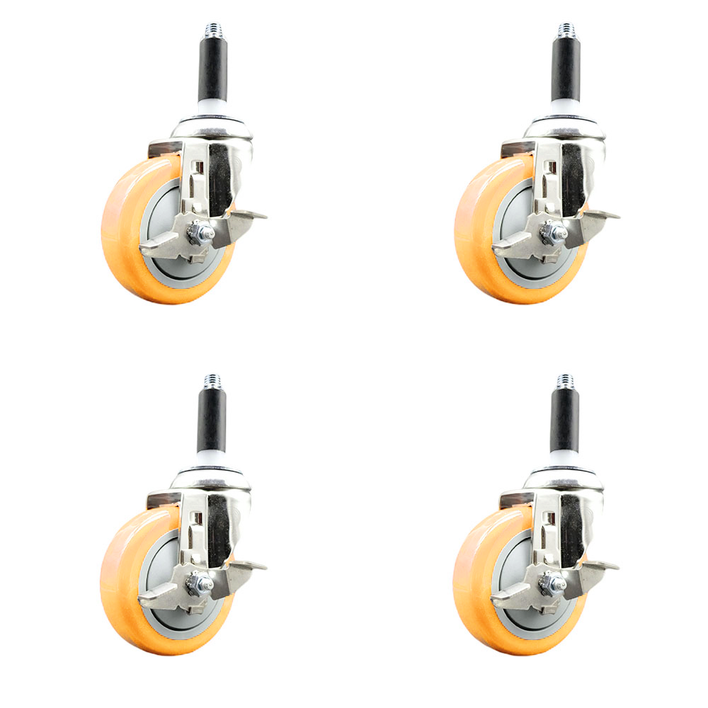 Polyurethane Swivel Stem Caster Set of 4 with 4 Inch Yellow Caster Wheels - 3/4" Expanding Stems - 316 Stainless Steel Casters - Includes 4 Swivel Casters with Top Lock Brakes - Service Caster Brand — photo 1