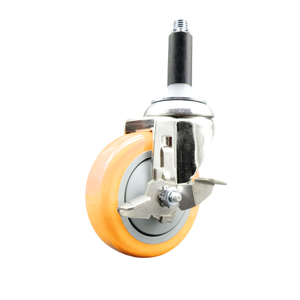Polyurethane Swivel Stem Caster with 4 Inch Yellow Caster Wheel and Top Lock Brake - 3/4" Expanding Stem - 316 Stainless Steel Caster - 350 lbs. Capacity Per Caster - Service Caster Brand — photo 1