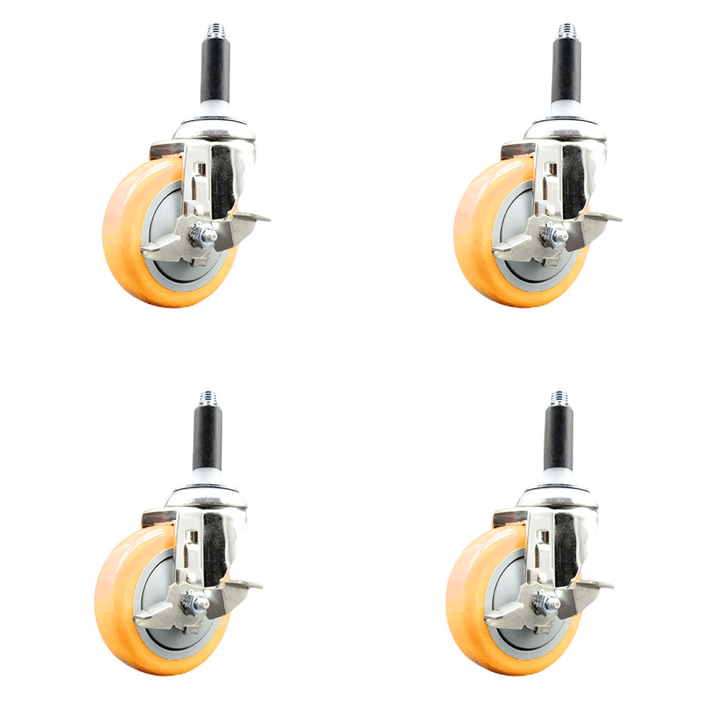 Polyurethane Swivel Stem Caster Set of 4 with 4 Inch Yellow Caster Wheels - 7/8" Expanding Stems - 316 Stainless Steel Casters - Includes 4 Swivel Casters with Top Lock Brakes - Service Caster Brand — photo 1