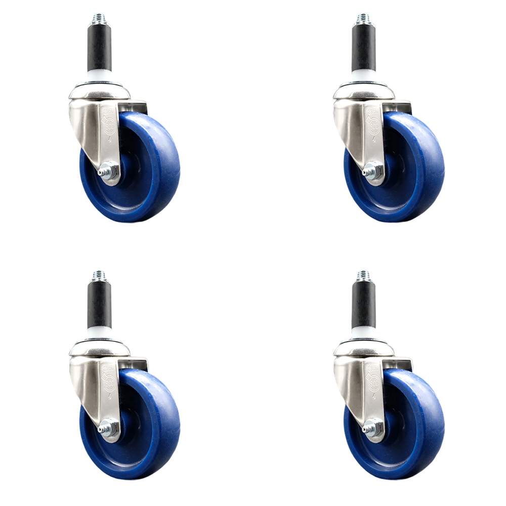 Solid Polyurethane Swivel Stem Caster Set of 4 with 4 Inch Blue Caster Wheels - 1" Expanding Stems - 316 Stainless Steel Casters - Includes 4 Swivel Casters - Service Caster Brand — photo 1