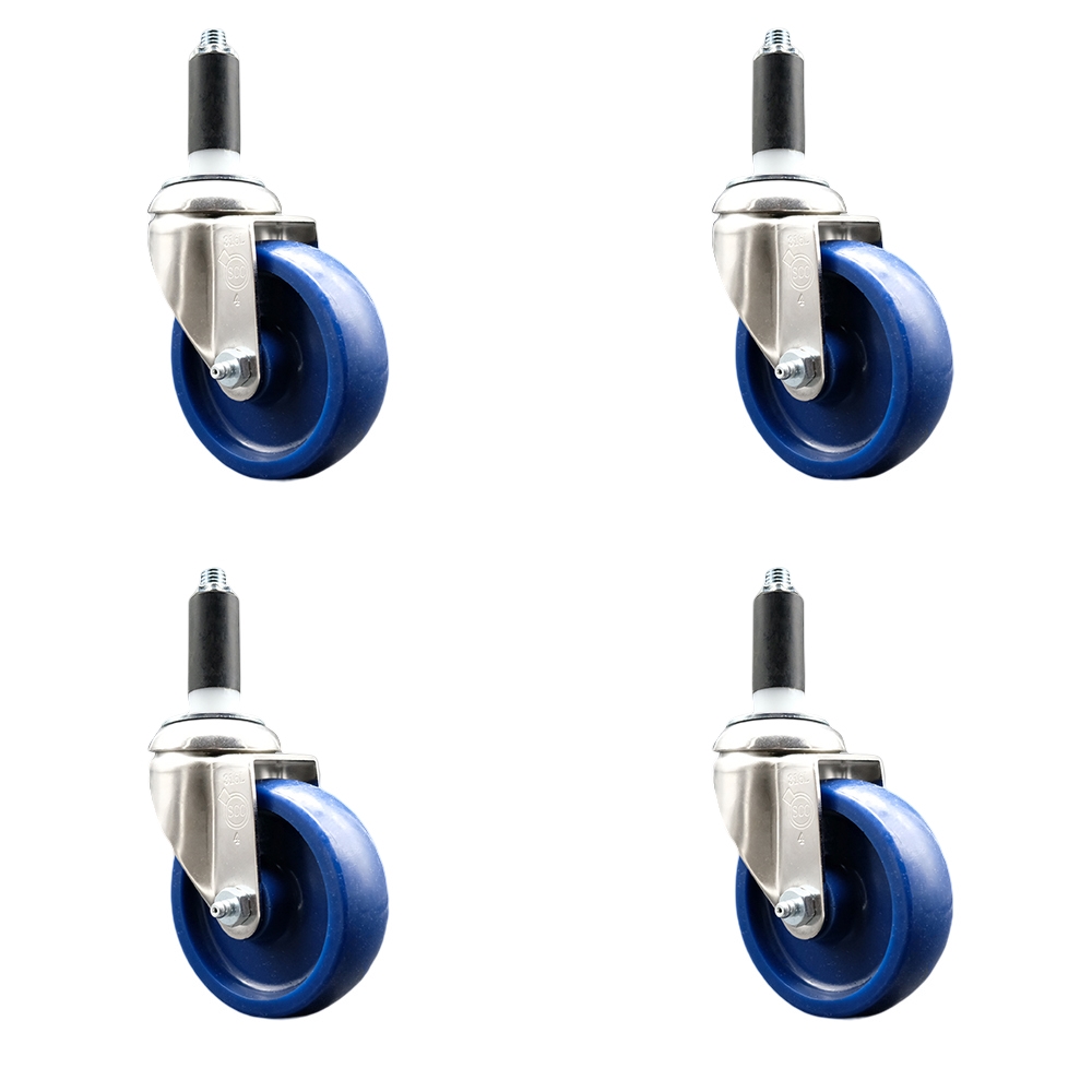 Solid Polyurethane Swivel Stem Caster Set of 4 with 4 Inch Blue Caster Wheels - 1-1/8" Expanding Stems - 316 Stainless Steel Casters - Includes 4 Swivel Casters - Service Caster Brand — photo 1