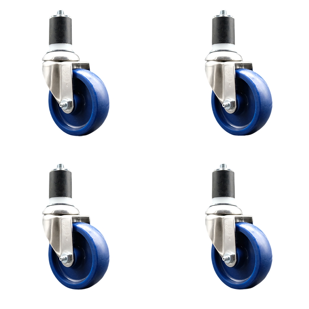 Solid Polyurethane Swivel Stem Caster Set of 4 with 4 Inch Blue Caster Wheels - 1-3/4" Expanding Stems - 316 Stainless Steel Casters - Includes 4 Swivel Casters - Service Caster Brand — photo 1