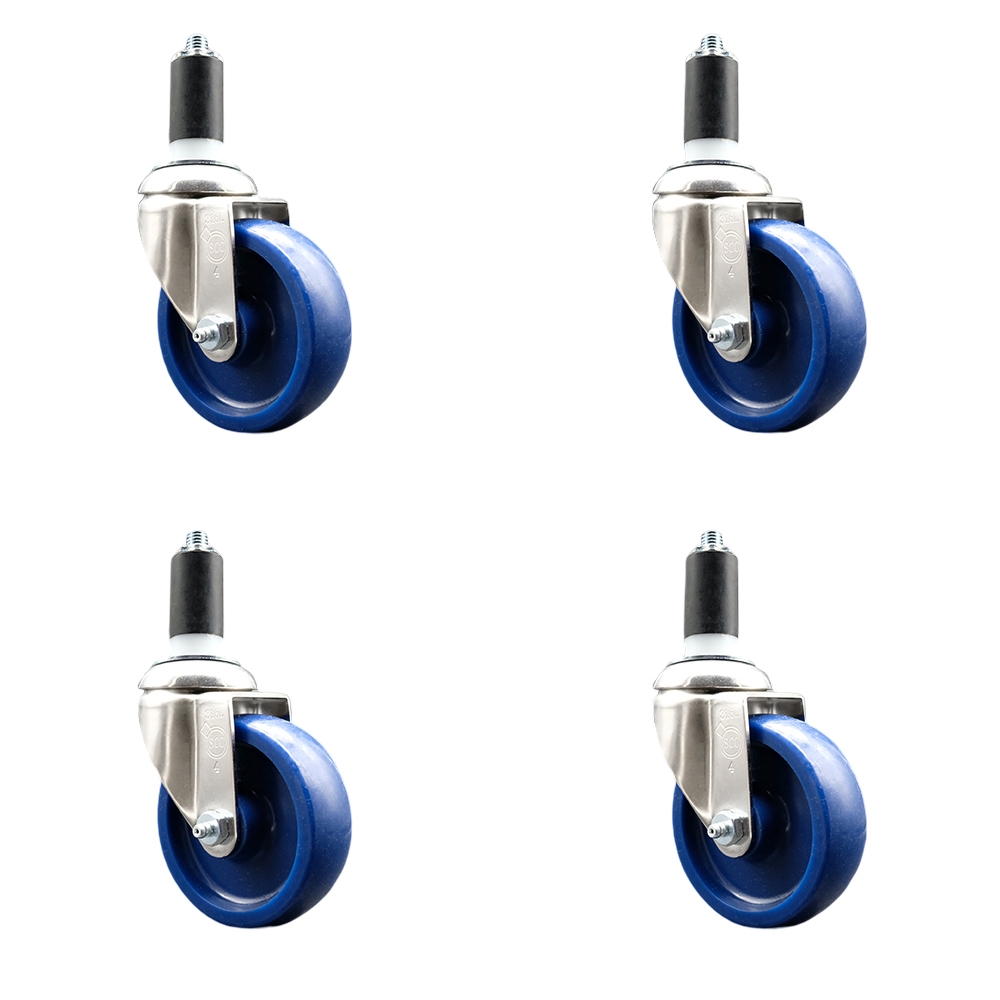 Solid Polyurethane Swivel Stem Caster Set of 4 with 4 Inch Blue Caster Wheels - 1-3/8" Expanding Stems - 316 Stainless Steel Casters - Includes 4 Swivel Casters - Service Caster Brand — photo 1
