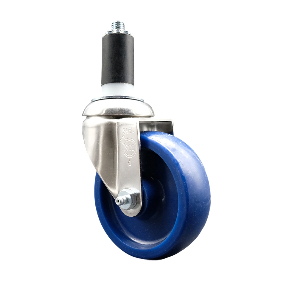 Solid Polyurethane Swivel Stem Caster with 4 Inch Blue Caster Wheel - 1-3/8" Expanding Stem - 316 Stainless Steel Caster - 300 lbs. Capacity Per Caster - Service Caster Brand — photo 1