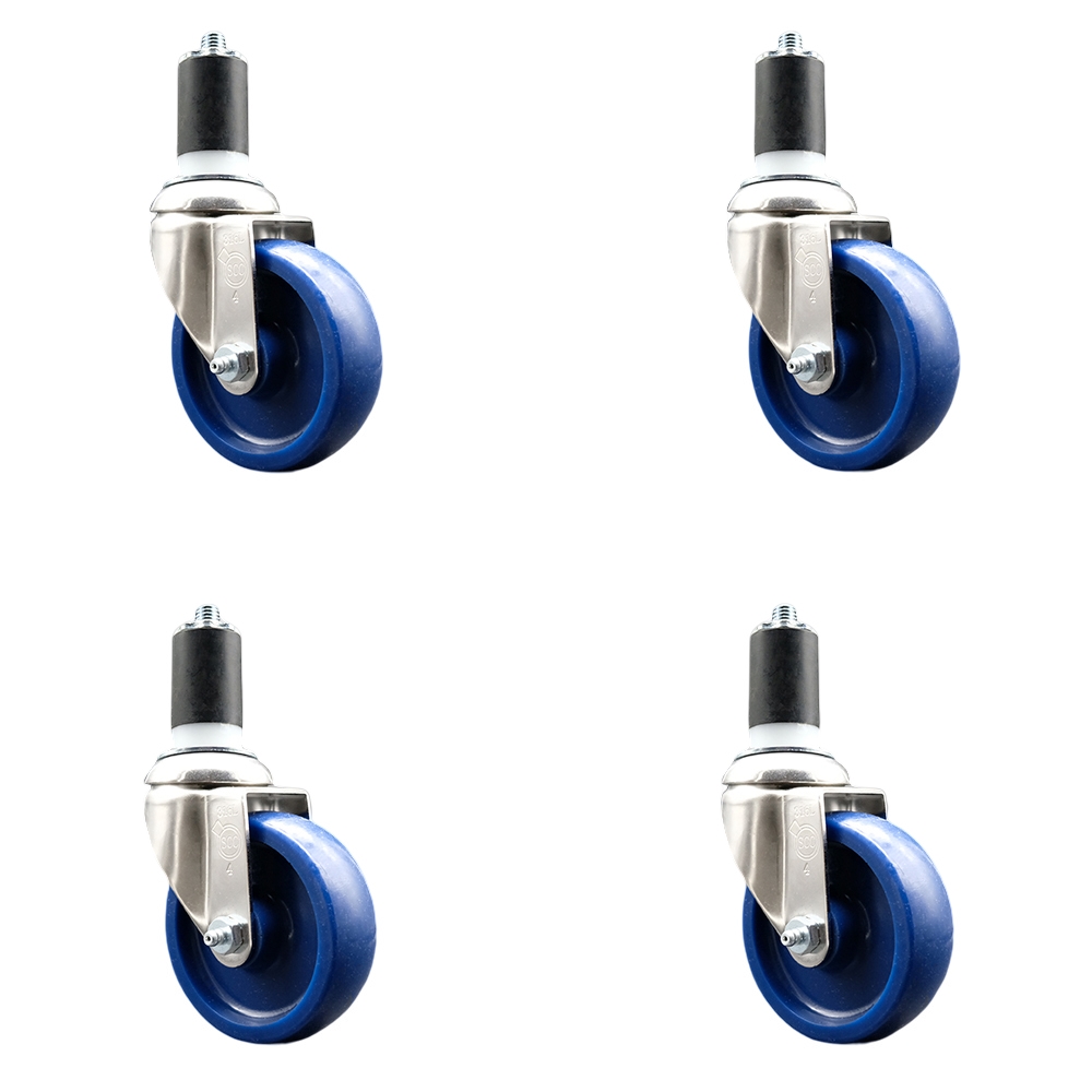 Solid Polyurethane Swivel Stem Caster Set of 4 with 4 Inch Blue Caster Wheels - 1-5/8" Expanding Stems - 316 Stainless Steel Casters - Includes 4 Swivel Casters - Service Caster Brand — photo 1