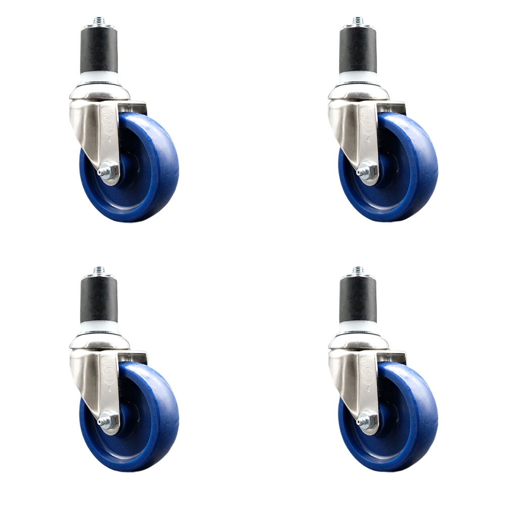 Solid Polyurethane Swivel Stem Caster Set of 4 with 4 Inch Blue Caster Wheels - 1-7/8" Expanding Stems - 316 Stainless Steel Casters - Includes 4 Swivel Casters - Service Caster Brand — photo 1