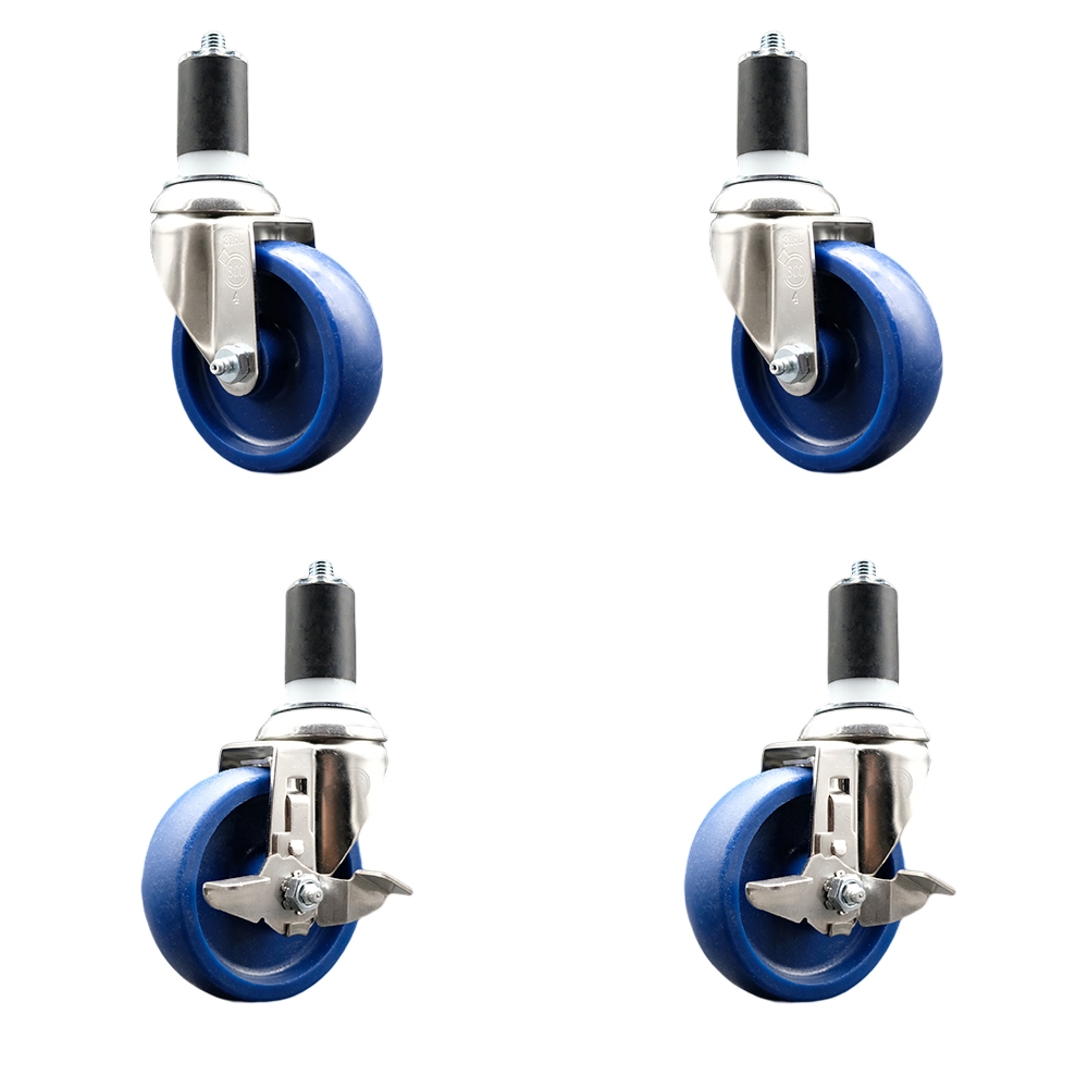 Solid Poly Swivel Stem Caster Set of 4 with 4 Inch Blue Caster Wheels - 1-1/2" Expanding Stems - 316 Stainless Steel Casters - Includes 2 Swivel with Top Lock Brakes and 2 Swivel- Service Caster Brand — photo 1
