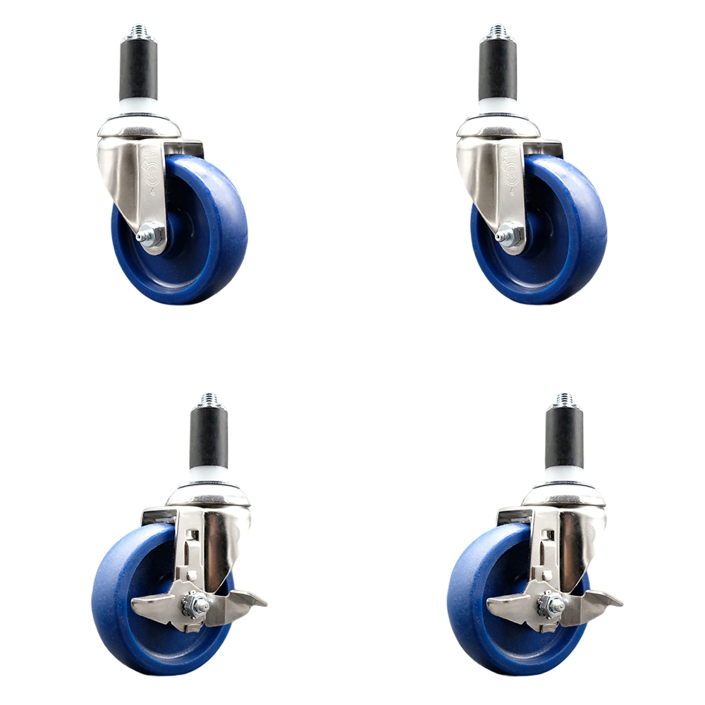 Solid Poly Swivel Stem Caster Set of 4 with 4 Inch Blue Caster Wheels - 1-1/4" Expanding Stems - 316 Stainless Steel Casters - Includes 2 Swivel with Top Lock Brakes and 2 Swivel- Service Caster Brand — photo 1
