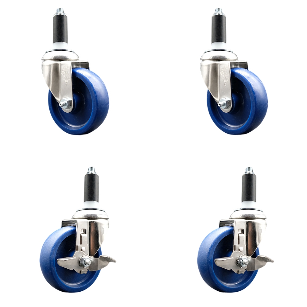Solid Poly Swivel Stem Caster Set of 4 with 4 Inch Blue Caster Wheels - 1-1/8" Expanding Stems - 316 Stainless Steel Casters - Includes 2 Swivel with Top Lock Brakes and 2 Swivel- Service Caster Brand — photo 1