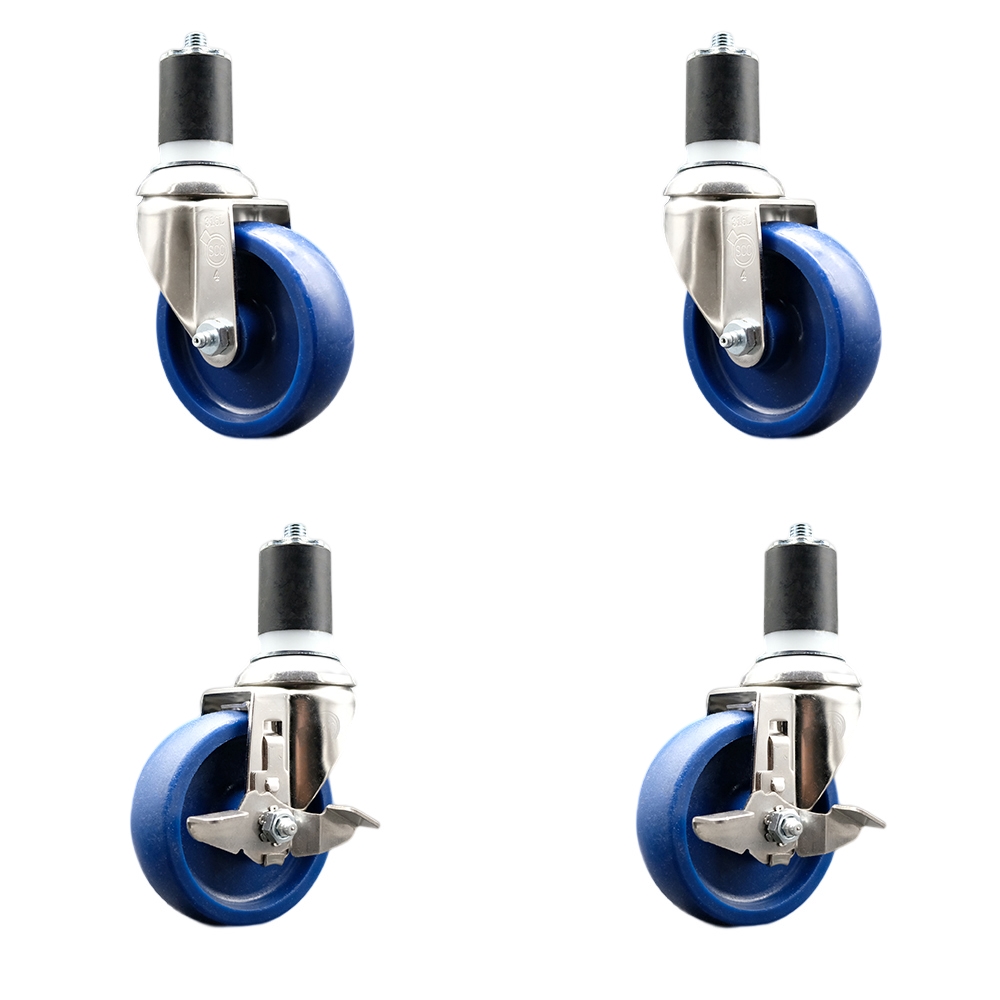 Solid Poly Swivel Stem Caster Set of 4 with 4 Inch Blue Caster Wheels - 1-3/4" Expanding Stems - 316 Stainless Steel Casters - Includes 2 Swivel with Top Lock Brakes and 2 Swivel- Service Caster Brand — photo 1