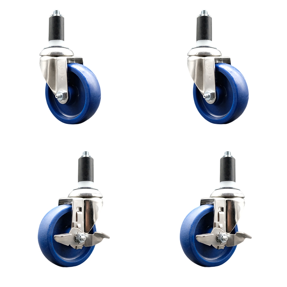 Solid Poly Swivel Stem Caster Set of 4 with 4 Inch Blue Caster Wheels - 1-3/8" Expanding Stems - 316 Stainless Steel Casters - Includes 2 Swivel with Top Lock Brakes and 2 Swivel- Service Caster Brand — photo 1