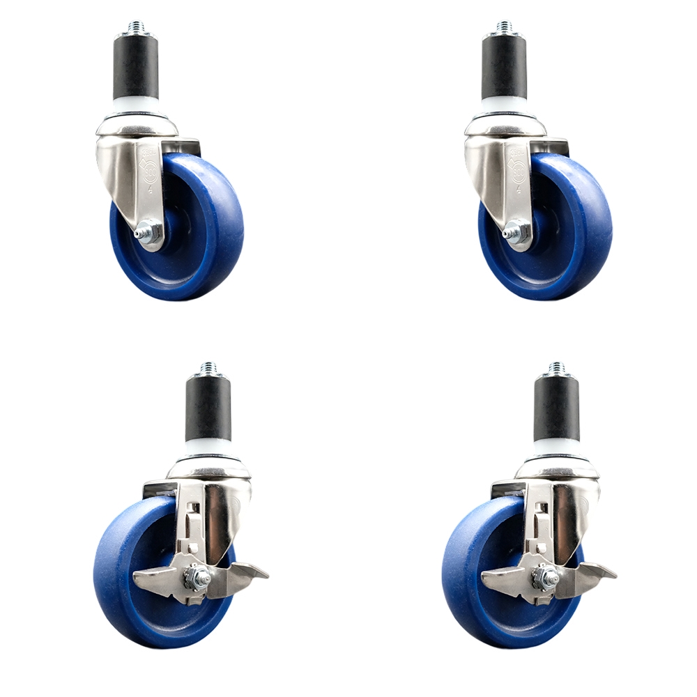 Solid Poly Swivel Stem Caster Set of 4 with 4 Inch Blue Caster Wheels - 1-5/8" Expanding Stems - 316 Stainless Steel Casters - Includes 2 Swivel with Top Lock Brakes and 2 Swivel- Service Caster Brand — photo 1