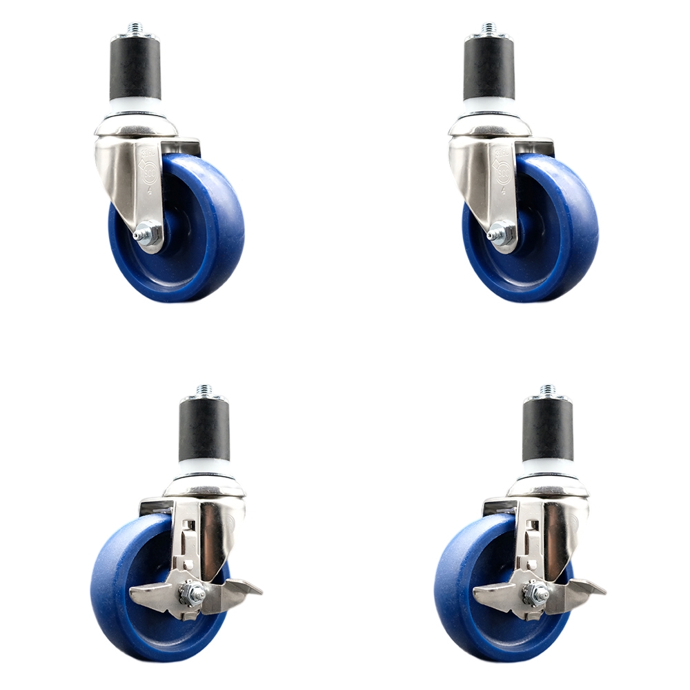 Solid Poly Swivel Stem Caster Set of 4 with 4 Inch Blue Caster Wheels - 1-7/8" Expanding Stems - 316 Stainless Steel Casters - Includes 2 Swivel with Top Lock Brakes and 2 Swivel- Service Caster Brand — photo 1