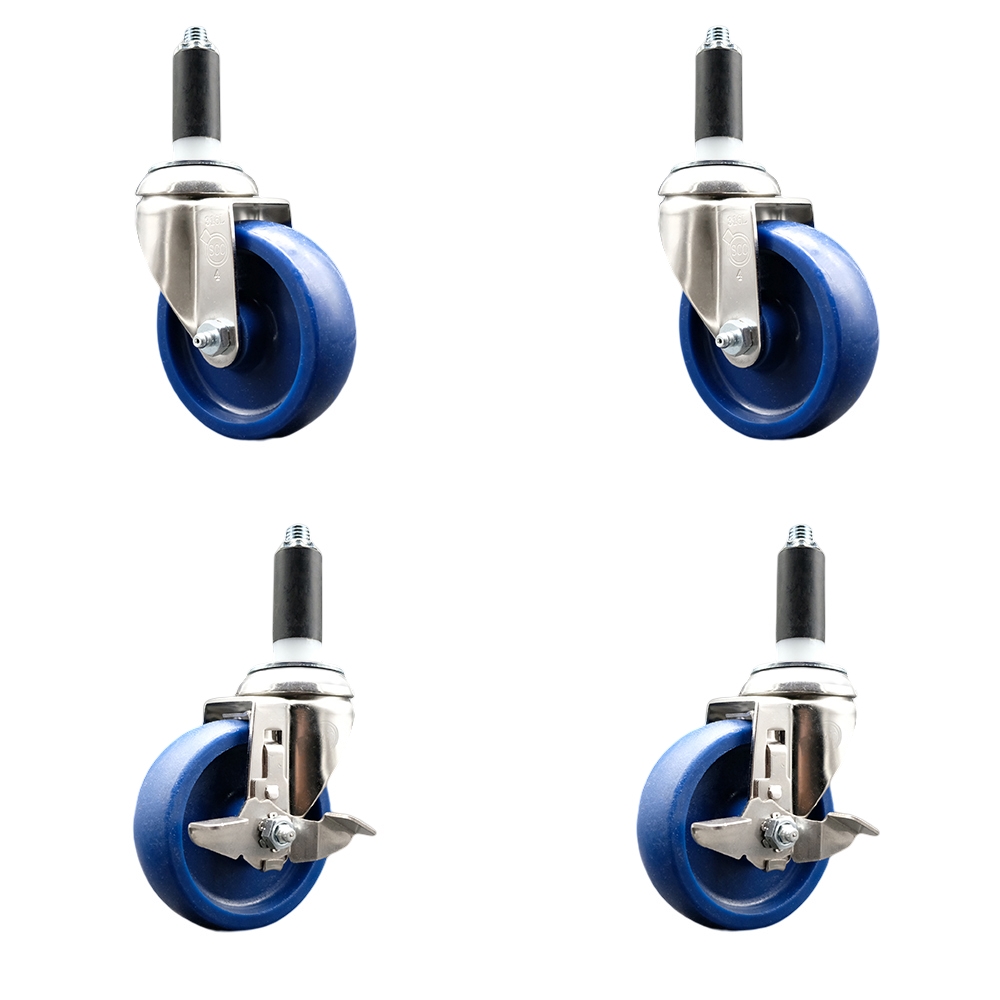 Solid Poly Swivel Stem Caster Set of 4 with 4 Inch Blue Caster Wheels - 1" Expanding Stems - 316 Stainless Steel Casters - Includes 2 Swivel with Top Lock Brakes and 2 Swivel - Service Caster Brand — photo 1