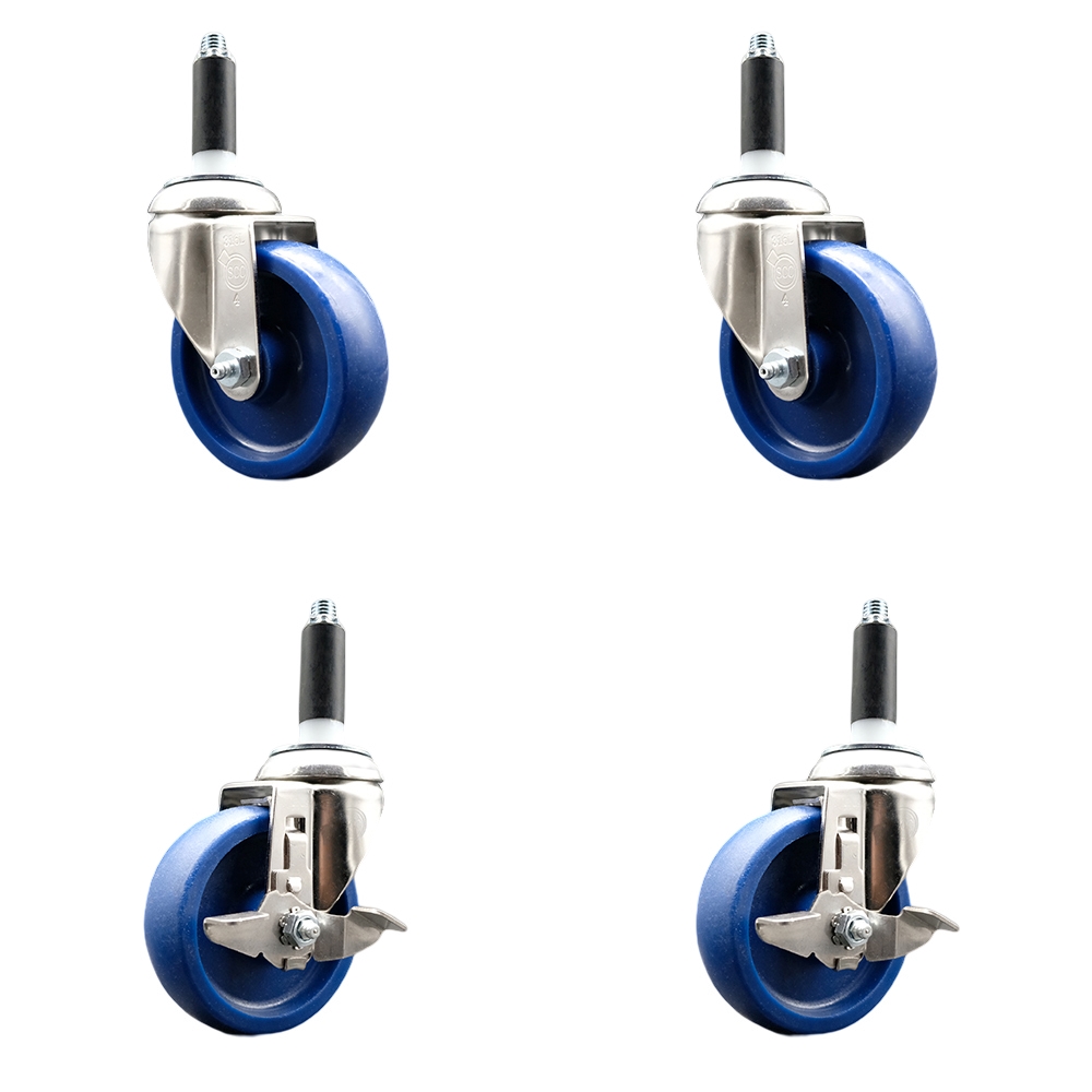 Solid Poly Swivel Stem Caster Set of 4 with 4 Inch Blue Caster Wheels - 3/4" Expanding Stems - 316 Stainless Steel Casters - Includes 2 Swivel with Top Lock Brakes and 2 Swivel - Service Caster Brand — photo 1