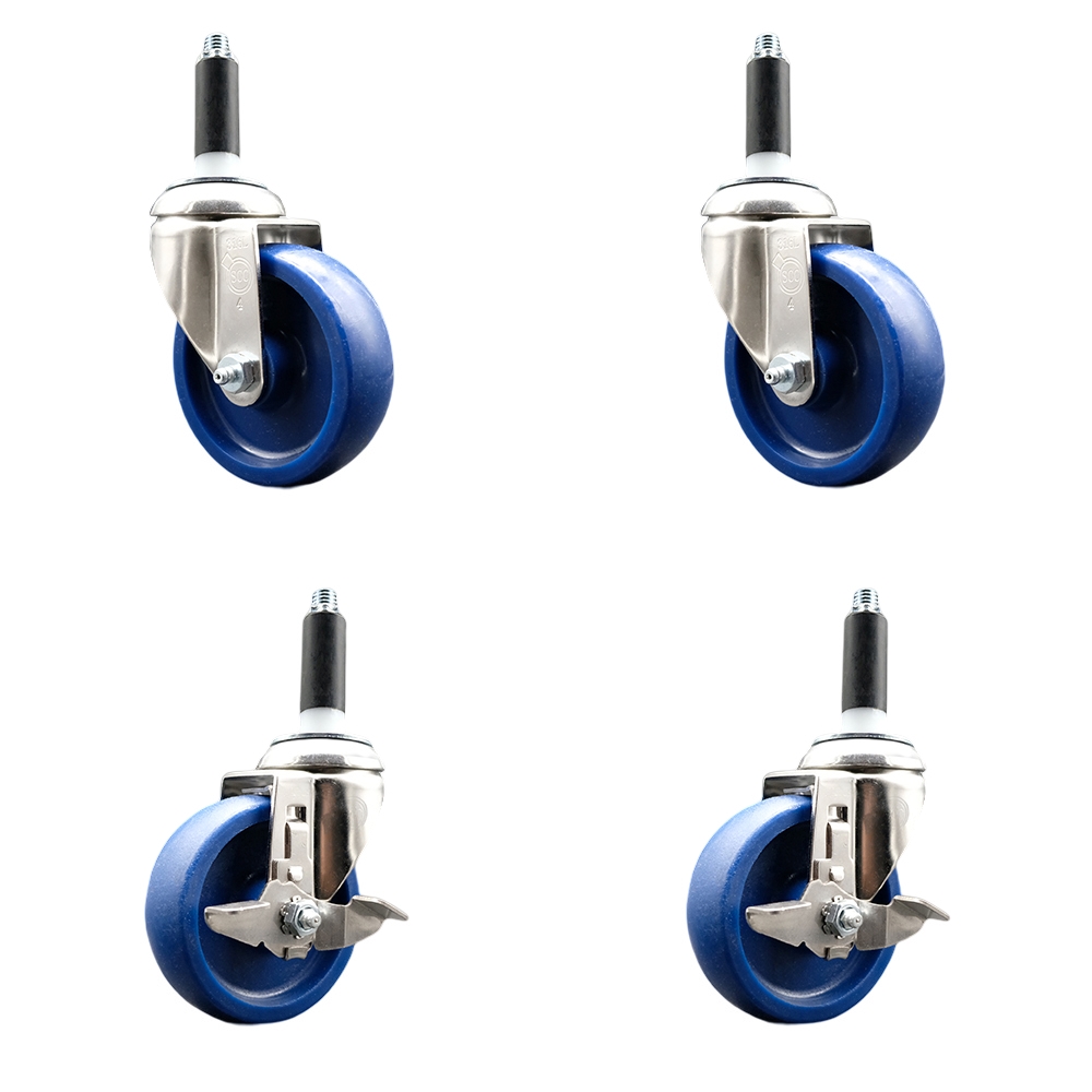 Solid Poly Swivel Stem Caster Set of 4 with 4 Inch Blue Caster Wheels - 7/8" Expanding Stems - 316 Stainless Steel Casters - Includes 2 Swivel with Top Lock Brakes and 2 Swivel - Service Caster Brand — photo 1
