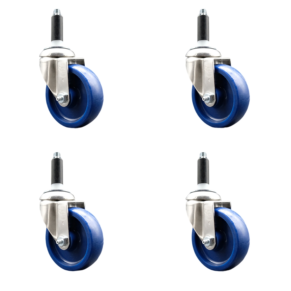 Solid Polyurethane Swivel Stem Caster Set of 4 with 4 Inch Blue Caster Wheels - 3/4" Expanding Stems - 316 Stainless Steel Casters - Includes 4 Swivel Casters - Service Caster Brand — photo 1