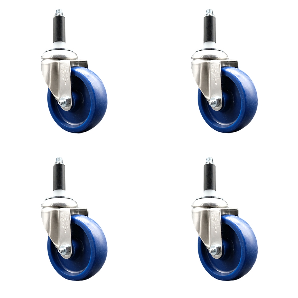 Solid Polyurethane Swivel Stem Caster Set of 4 with 4 Inch Blue Caster Wheels - 7/8" Expanding Stems - 316 Stainless Steel Casters - Includes 4 Swivel Casters - Service Caster Brand — photo 1
