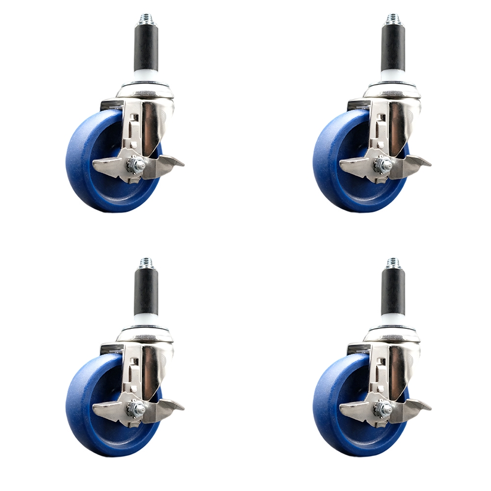 Solid Polyurethane Swivel Stem Caster Set of 4 with 4 Inch Blue Caster Wheels - 1" Expanding Stems - 316 Stainless Steel Casters - Includes 4 Swivel Casters with Top Lock Brakes - Service Caster Brand — photo 1