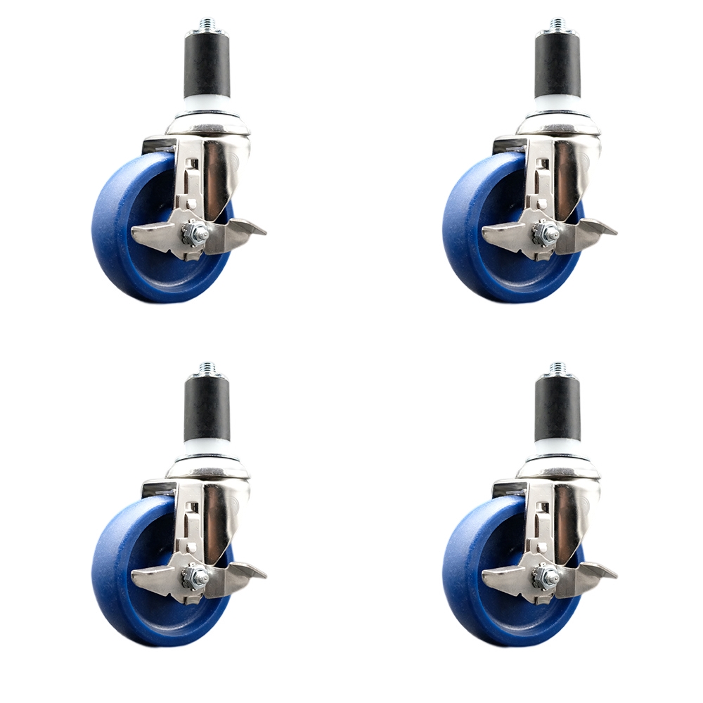 Solid Polyurethane Swivel Stem Caster Set of 4 with 4 Inch Blue Caster Wheels - 1-1/2" Expanding Stems - 316 Stainless Steel Casters-Includes 4 Swivel Casters with Top Lock Brakes-Service Caster Brand — photo 1
