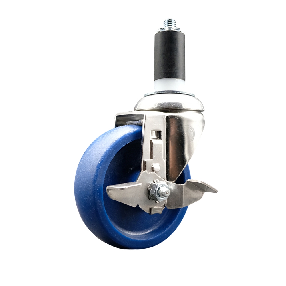 Solid Polyurethane Swivel Stem Caster with 4 Inch Blue Caster Wheel and Top Lock Brake - 1-1/4" Expanding Stem - 316 Stainless Steel Caster - 300 lbs. Capacity Per Caster - Service Caster Brand — photo 1