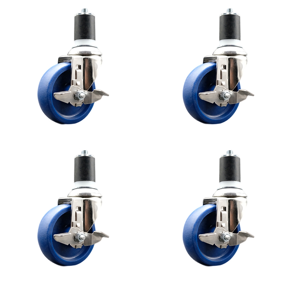 Solid Polyurethane Swivel Stem Caster Set of 4 with 4 Inch Blue Caster Wheels - 1-3/4" Expanding Stems - 316 Stainless Steel Casters-Includes 4 Swivel Casters with Top Lock Brakes-Service Caster Brand — photo 1