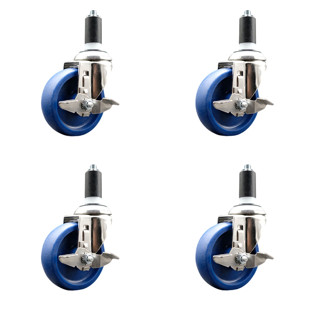 Solid Polyurethane Swivel Stem Caster Set of 4 with 4 Inch Blue Caster Wheels - 1-3/8" Expanding Stems - 316 Stainless Steel Casters-Includes 4 Swivel Casters with Top Lock Brakes-Service Caster Brand — photo 1