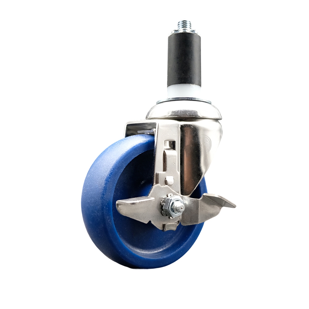 Solid Polyurethane Swivel Stem Caster with 4 Inch Blue Caster Wheel and Top Lock Brake - 1-3/8" Expanding Stem - 316 Stainless Steel Caster - 300 lbs. Capacity Per Caster - Service Caster Brand — photo 1