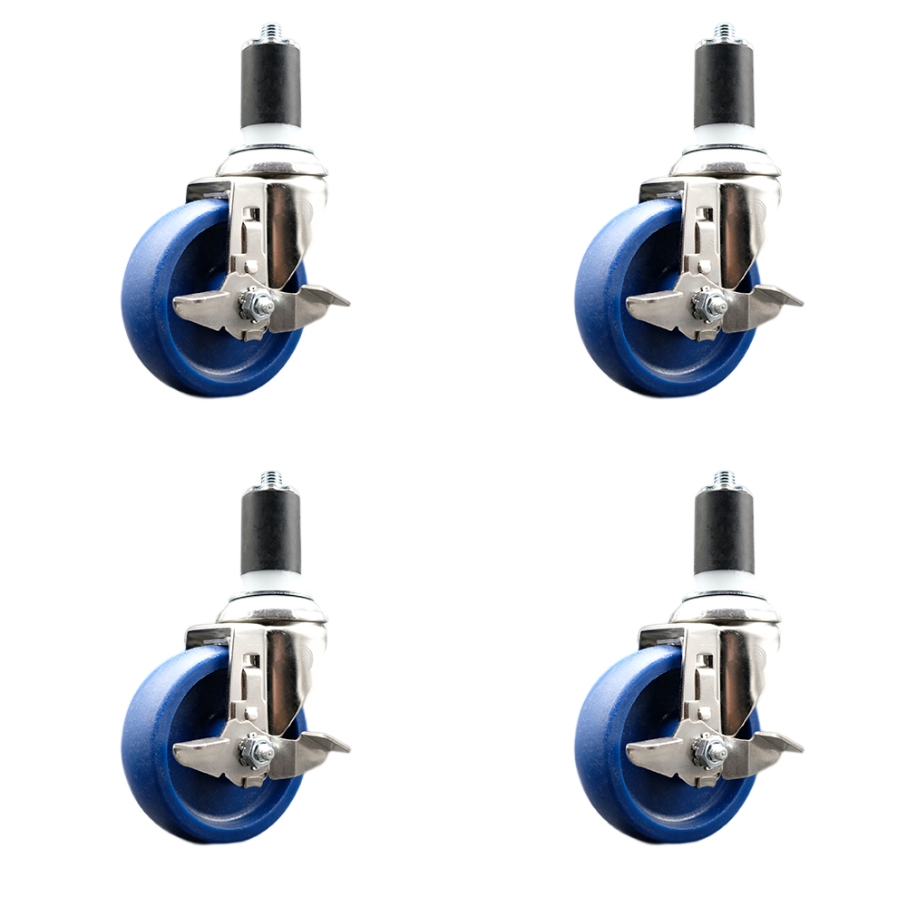 Solid Polyurethane Swivel Stem Caster Set of 4 with 4 Inch Blue Caster Wheels - 1-5/8" Expanding Stems - 316 Stainless Steel Casters-Includes 4 Swivel Casters with Top Lock Brakes-Service Caster Brand — photo 1