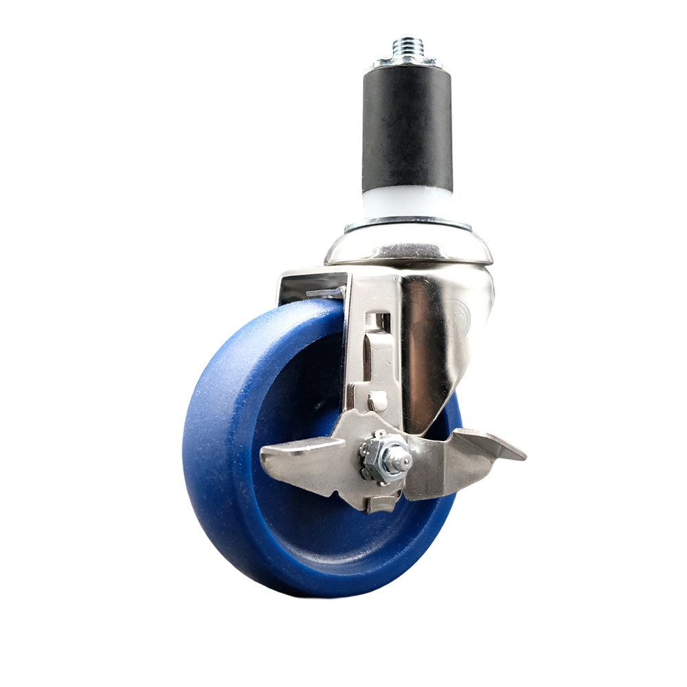 Solid Polyurethane Swivel Stem Caster with 4 Inch Blue Caster Wheel and Top Lock Brake - 1-5/8" Expanding Stem - 316 Stainless Steel Caster - 300 lbs. Capacity Per Caster - Service Caster Brand — photo 1